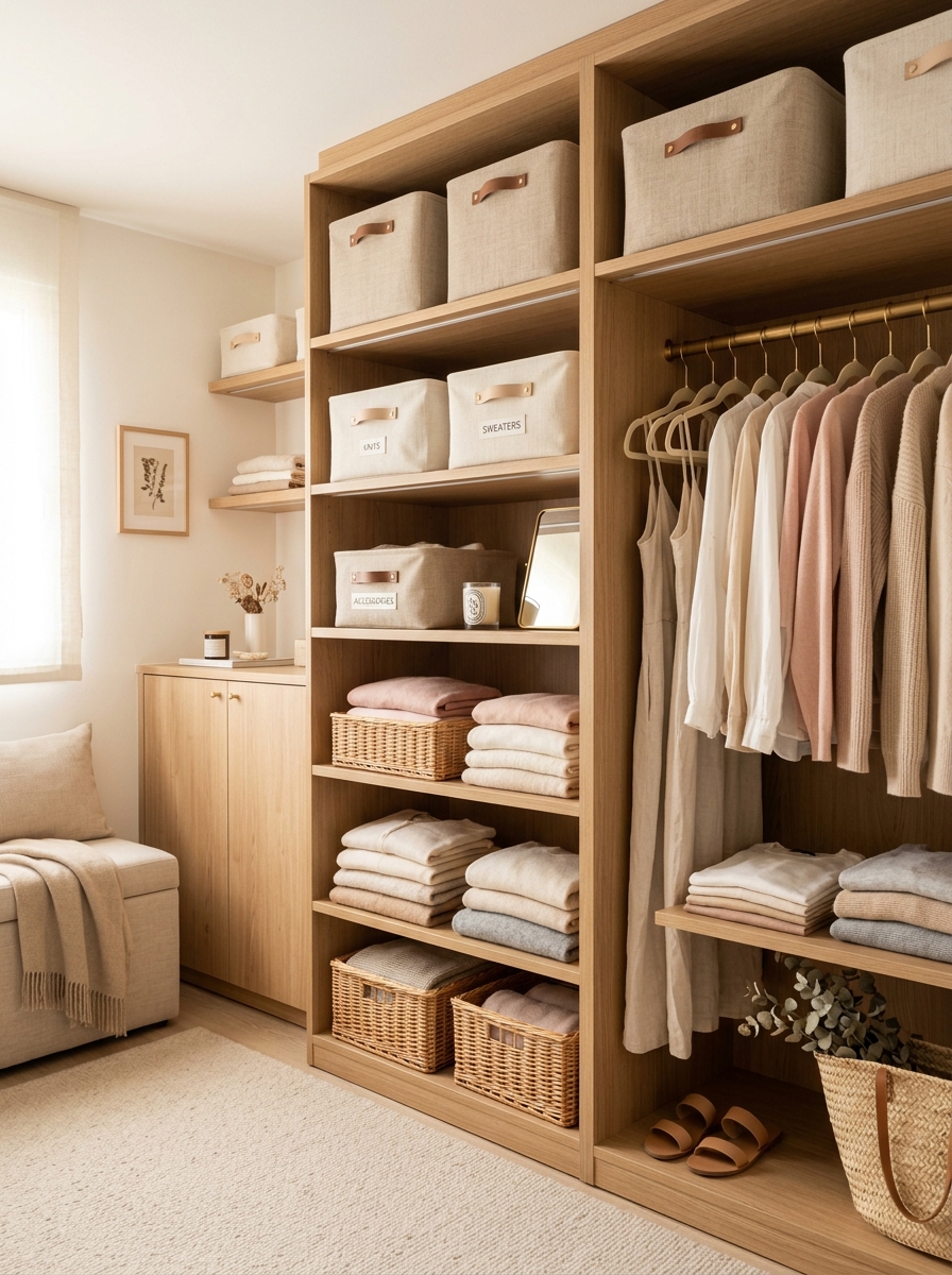 Soft Feminine Closet with Textured Fabric Organizers
