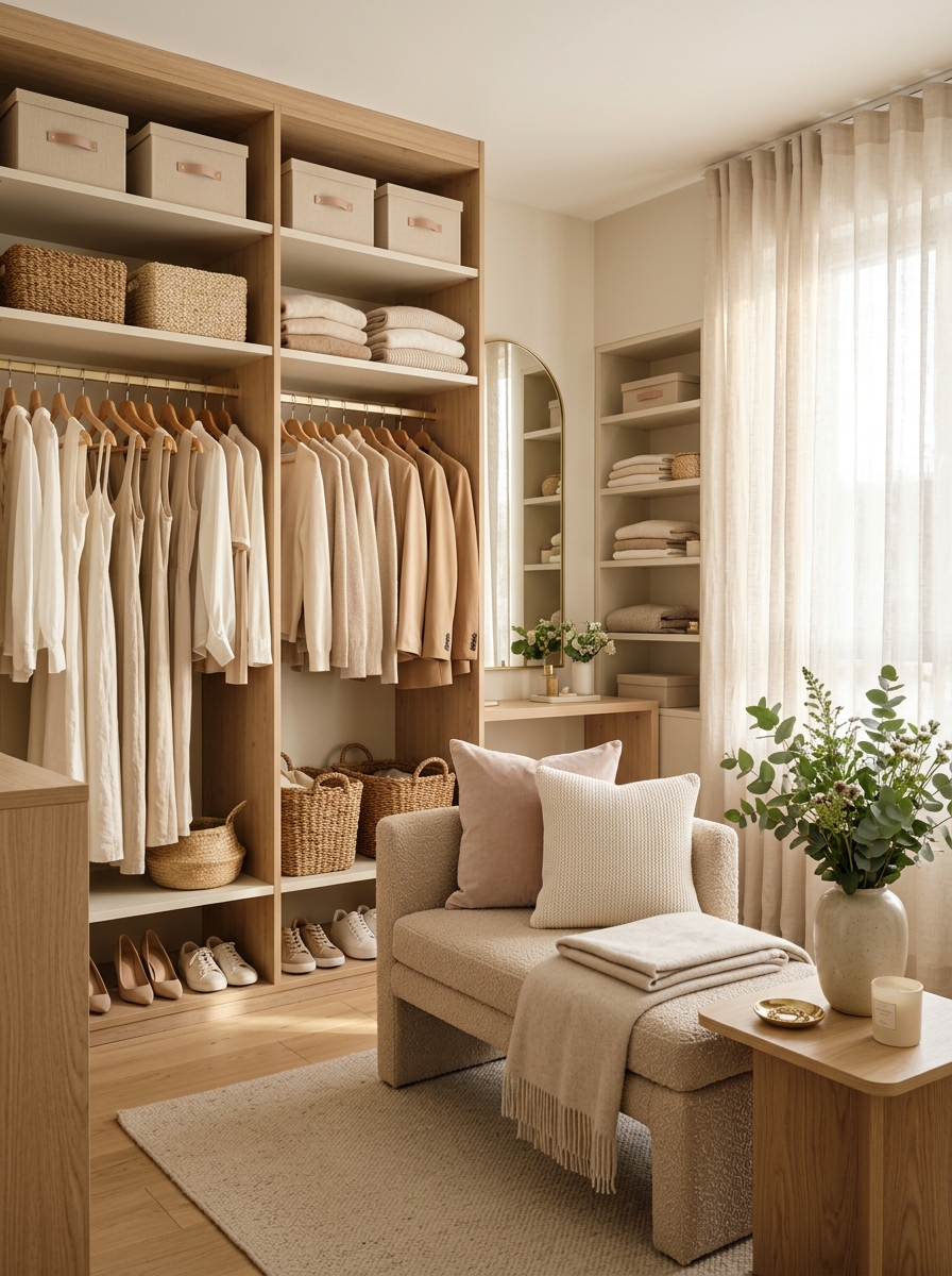 Soft Neutral Walk-In Closet with Blush Accents