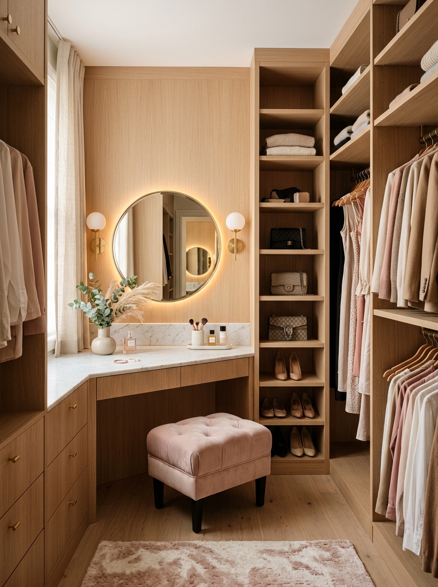 Soft Feminine Closet with Built-In Vanity Corner
