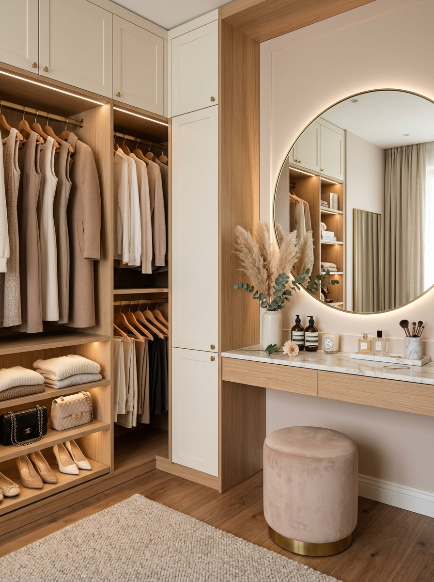 Soft Feminine Closet with Built-In Vanity Corner