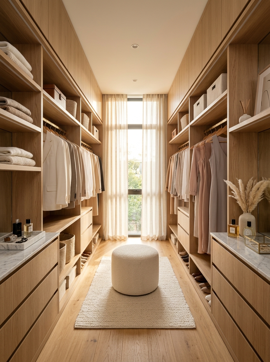 Warm Neutral Walk-In Closet with Symmetrical Storage