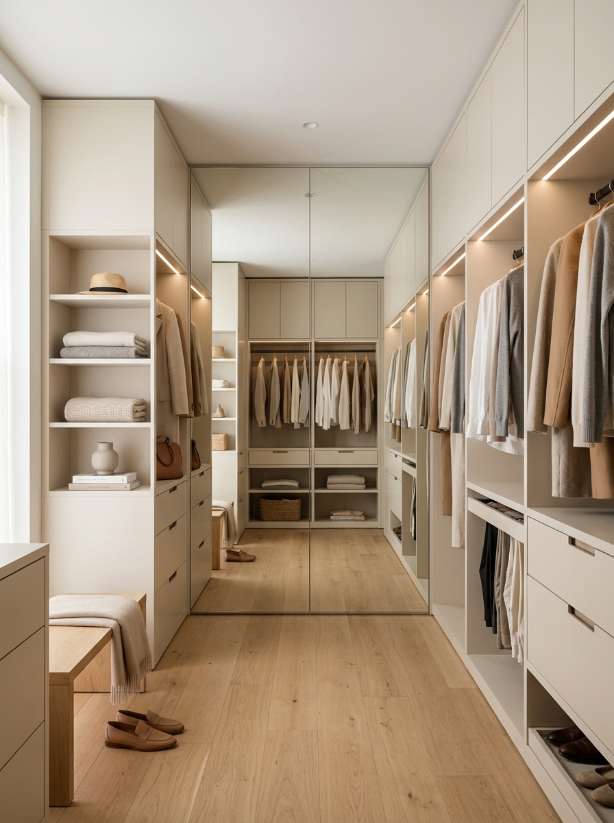 Elegant Minimalist Closet with Mirror Wall Illusion