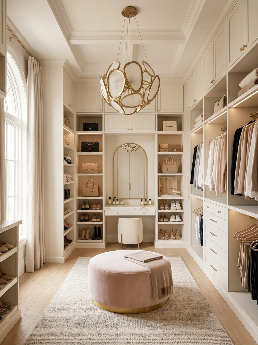 Luxury Soft Feminine Closet with Statement Lighting Feature